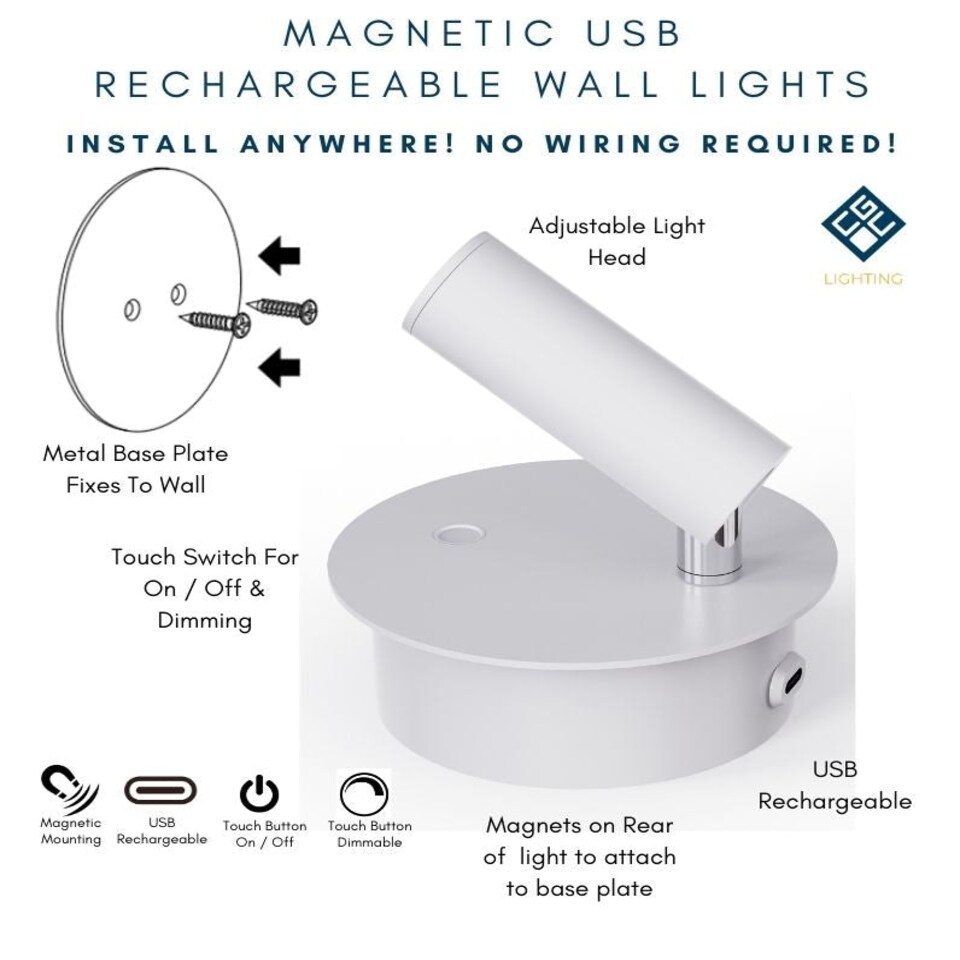 image 1 of CGC SCARLET White Adjustable Head LED Rechargeable Magnetic USB Reading Bedside Wall Light White