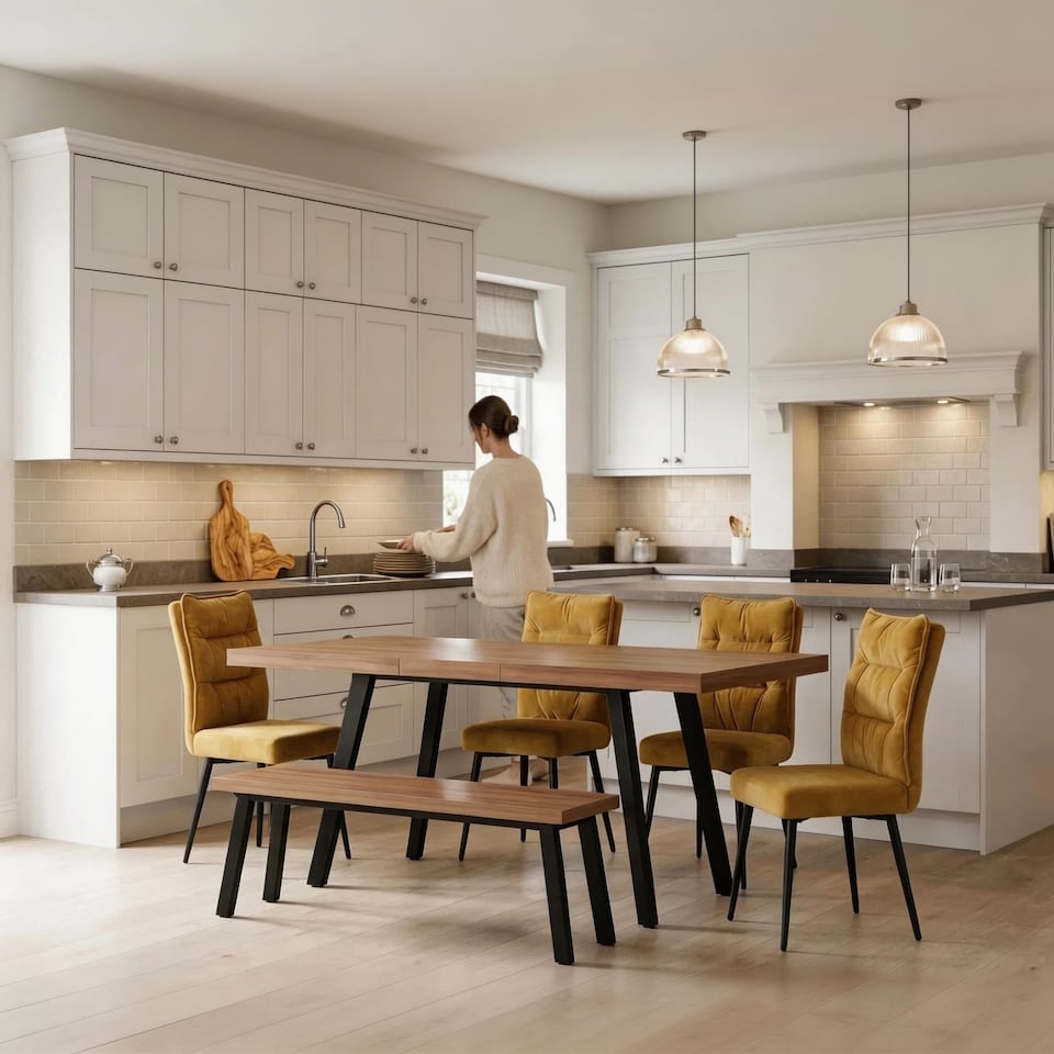 image 1 of 6-Piece Dining Set, Expandable Dining Table with 4 Brown Padded Chairs+Bench