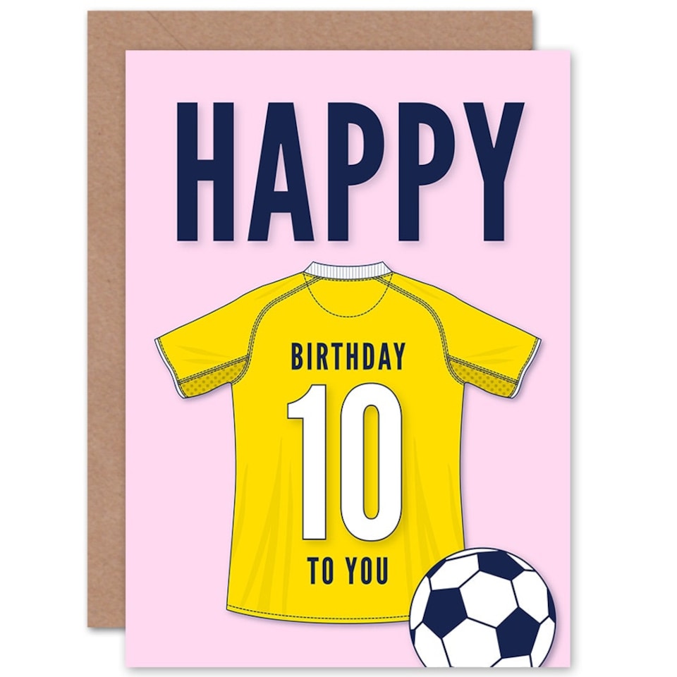 image 1 of Football Strip Kit Yellow Jersey Top 10 Year old Kids 10th Pink Birthday Card