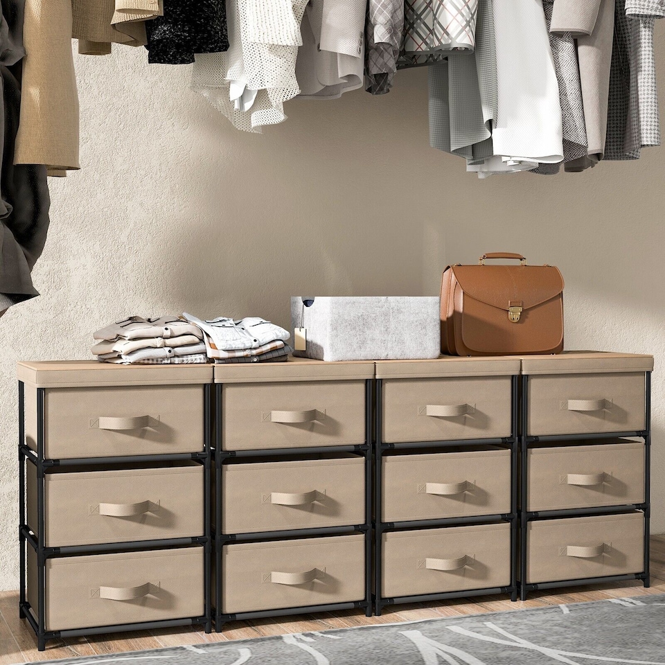 image 1 of COSTWAY 3 Tier Nightstand Organizer 3 Chests of Drawers Fabric Dresser Storage Brown
