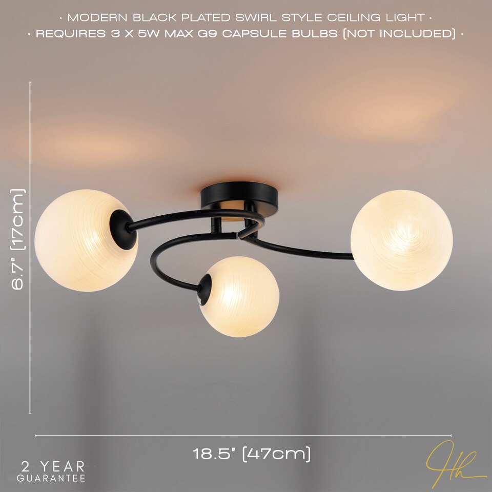 image 1 of Modern 3-Arm Matte Black Ceiling Light with Opal Swirl Glass Spherical Shades | Black