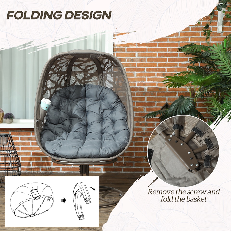 image 1 of Outsunny Swivel Egg Chair with Cushions, Foldable Basket Seat and Metal Frame, Indoor Outdoor Lounge Chair for Balcony, Patio and Living Room, Grey | Grey | Grey