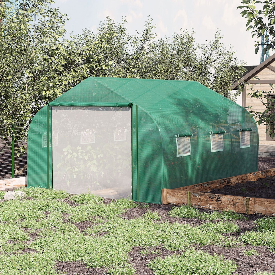 image 1 of Outsunny 3.5 x 3 x 2m Outdoor Tunnel Greenhouse w Roll Up Door 6 Windows Green
