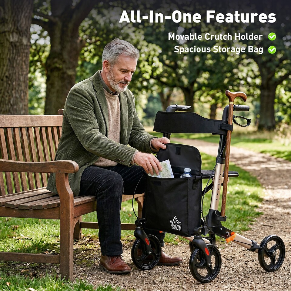 image 1 of HOMCOM 4 Wheel Rollator Walker, Mobility Walker with Bag, Seat, Gold Tone