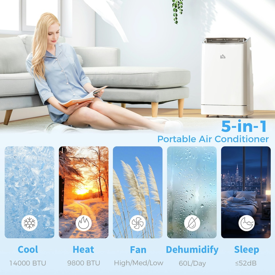 image 1 of HOMCOM 14000 BTU Portable Air Conditioner Unit with Heater, WiFi Smart App
