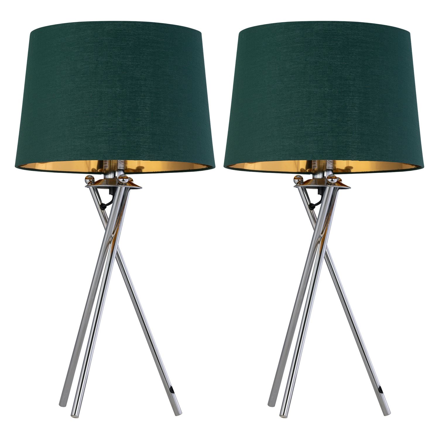 First Choice Lighting Set of 2 Tripod - Chrome Lamps with Green & Gold Fabric Shade in Silver