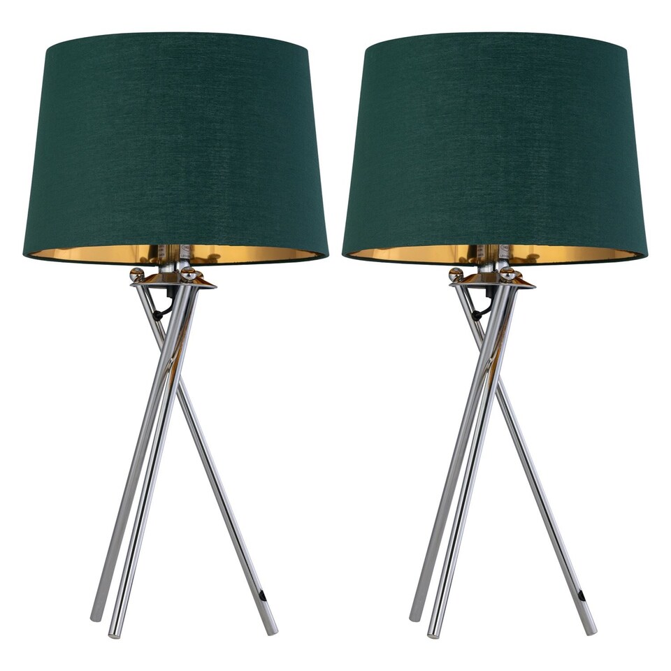 image 1 of Set of 2 Tripod - Chrome Lamps with Green & Gold Fabric Shade | Chrome | Green | Large | 2