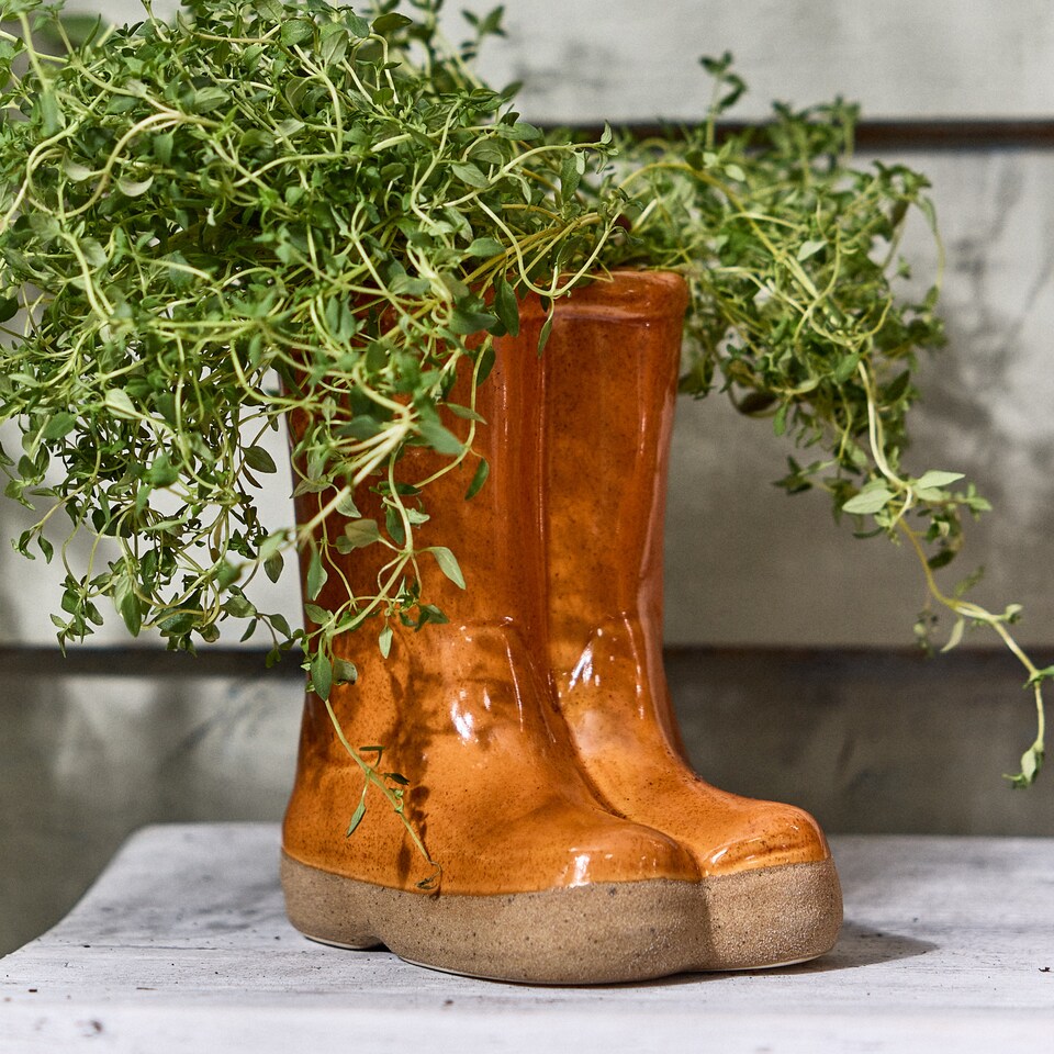 image 1 of Set of 2 Small and Large Orange  Wellington Boots Ceramic Indoor Outdoor Flower Pot Garden Planter | Orange | Orange