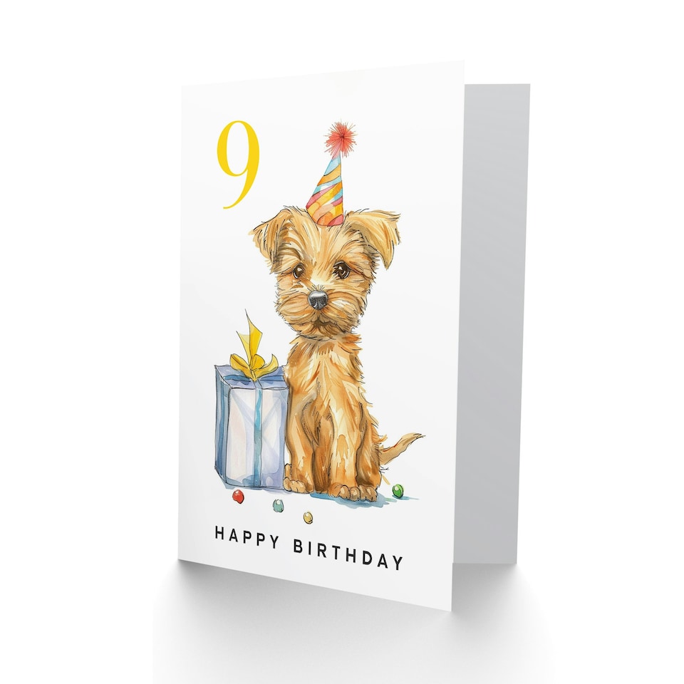 image 1 of Cute Terrier Puppy Party Hat Kids Age 9 Year Old Child Kids 9th Birthday Card