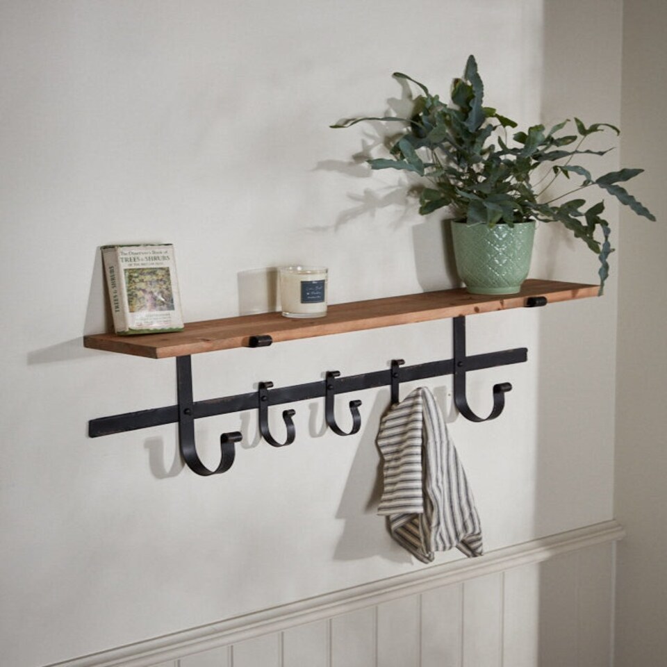 image 1 of Rustic Pine 92cm Shelf with Hooks Brown