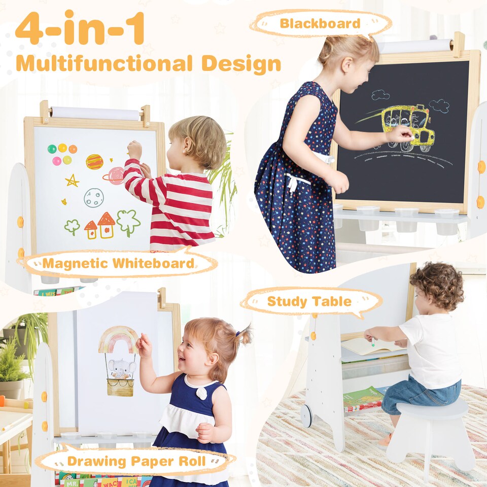 image 1 of COSTWAY Kids Art Easel 4-in-1 Toddler Activity Table Set w/ Whiteboard White