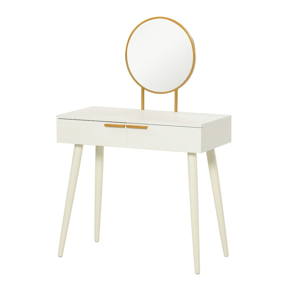 image 1 of HOMCOM Modern Dressing Table w/ 2 Drawers Round Mirror for Bedroom White