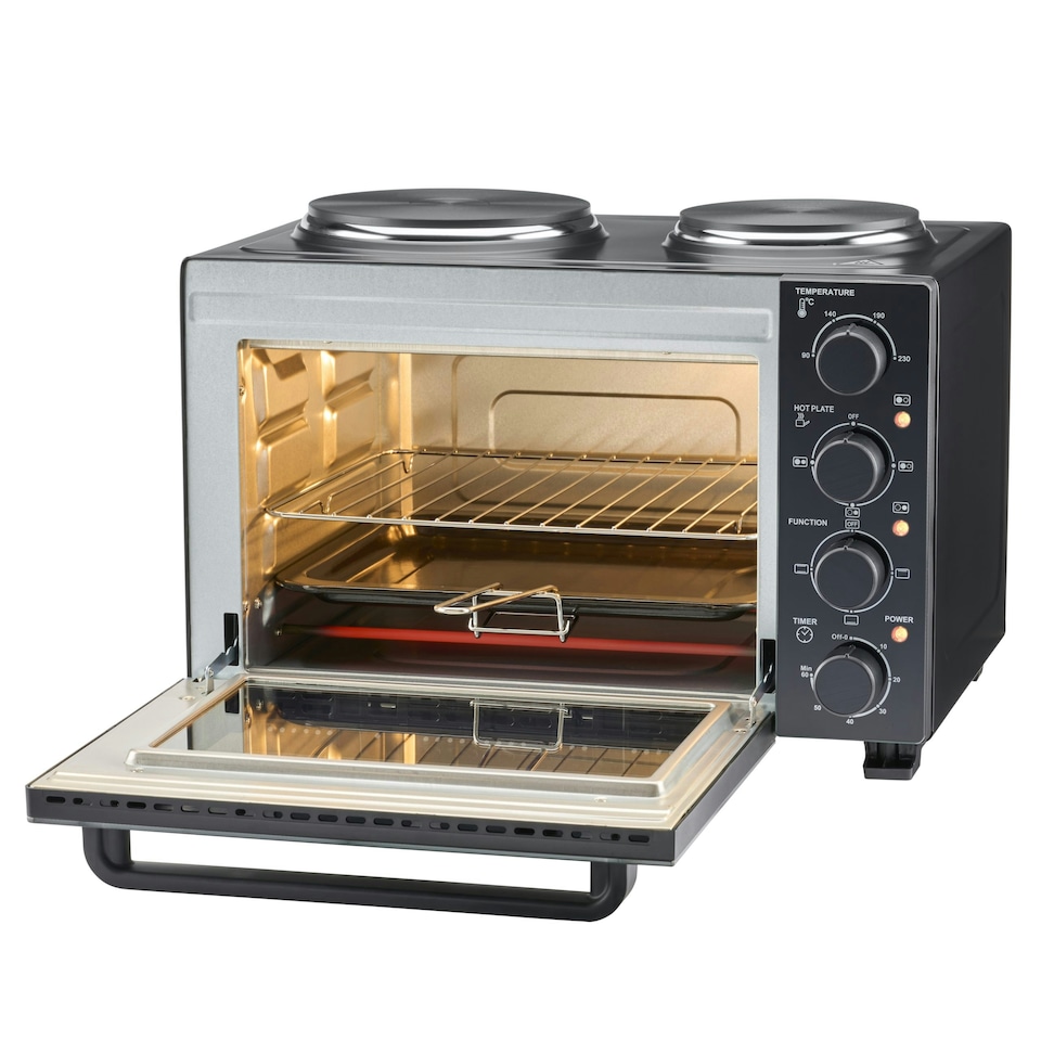image 1 of Cooks Professional Mini Oven | 28 Litre with 2 Hobs | Powerful 3200W | Black Contemporary