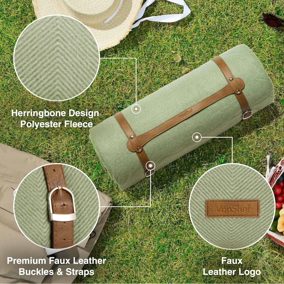 image 1 of VonShef Picnic Blanket, Large Green Herringbone Rug with Waterproof Back, 300x200cm Green
