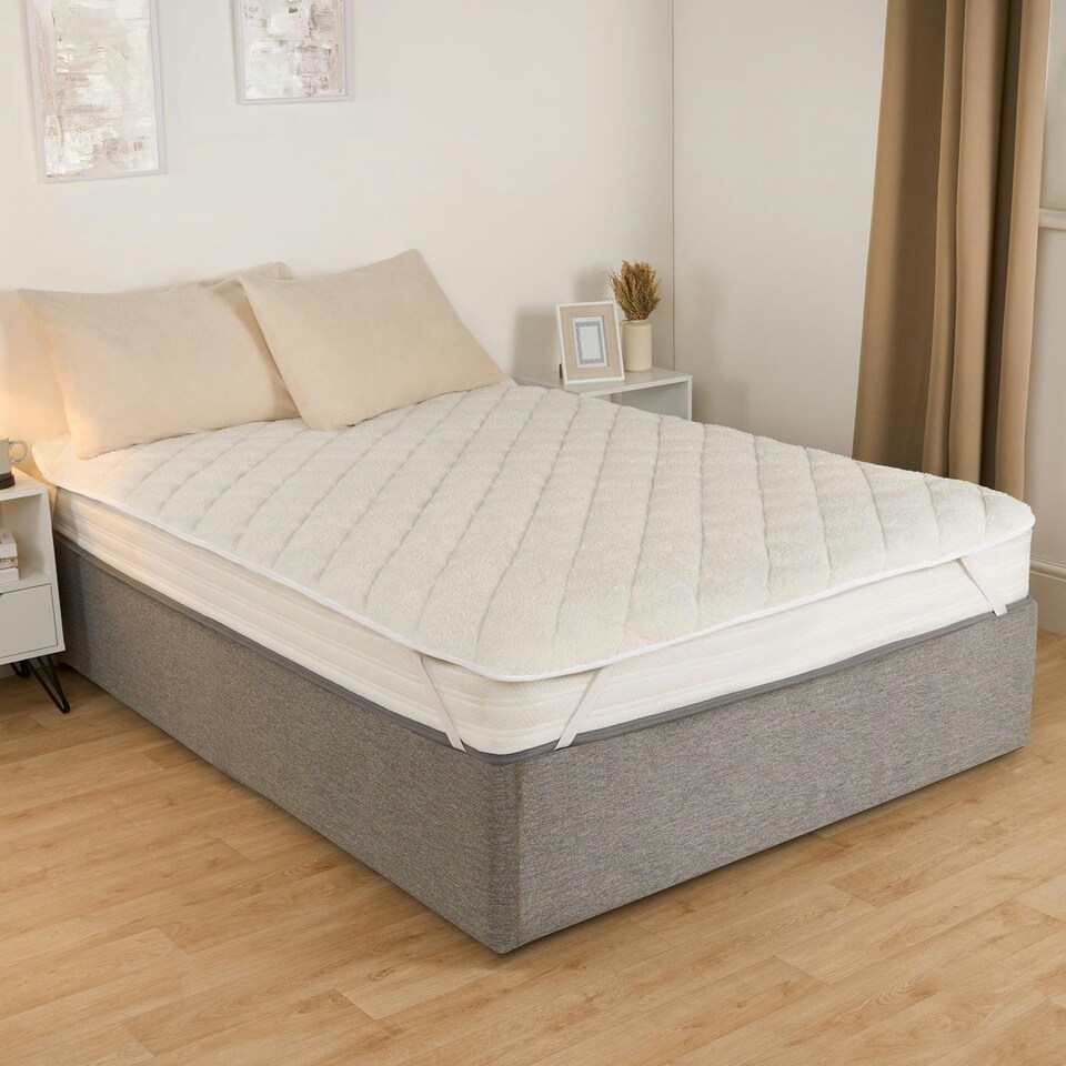 image 1 of OHS Teddy Fleece Quilted Soft Topper Mattress Protector, Double - Cream