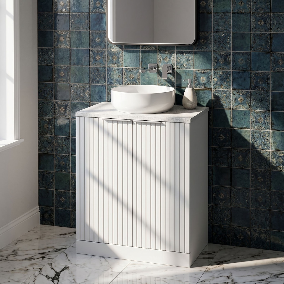 image 1 of Balterley Callingwood Contemporary Floor Standing 2 Door Vanity Unit with White Nebula Laminate Worktop , 600mm, Matt White