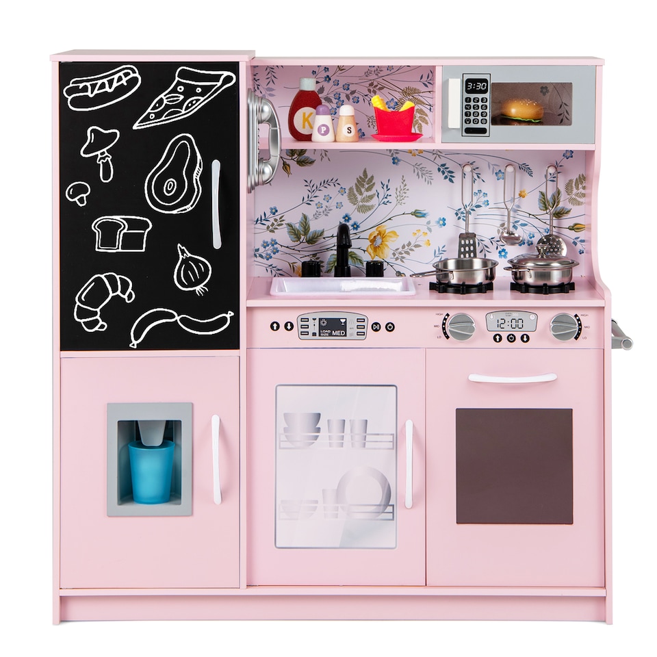 image 1 of COSTWAY Wooden Play Kitchen Kids Pretend Play Toy Microwave Ice Make Pink