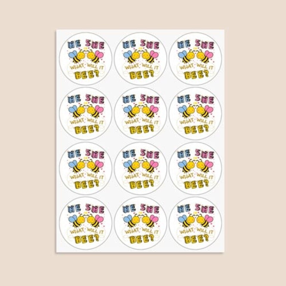 image 1 of What Will it Bee Gender Reveal Round Stickers 60mm - Sheet of 12