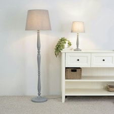 ValueLights Victoria Grey Wood Traditional Stem Table Lamp with Grey Tapered Drum Shade and LED Bulb