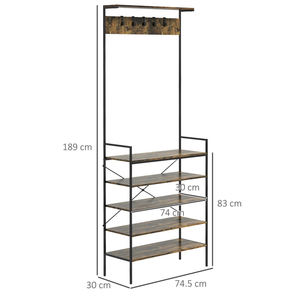 image 1 of HOMCOM Coat Rack, Coat Stand with Shoe Storage, 5 Hooks Brown