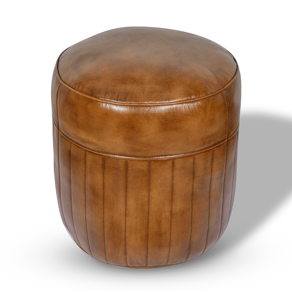image 1 of Real Genuine Leather Round Pommel Footstool Ottoman Tan Brown 52cm High x 46cm Fully Assembled