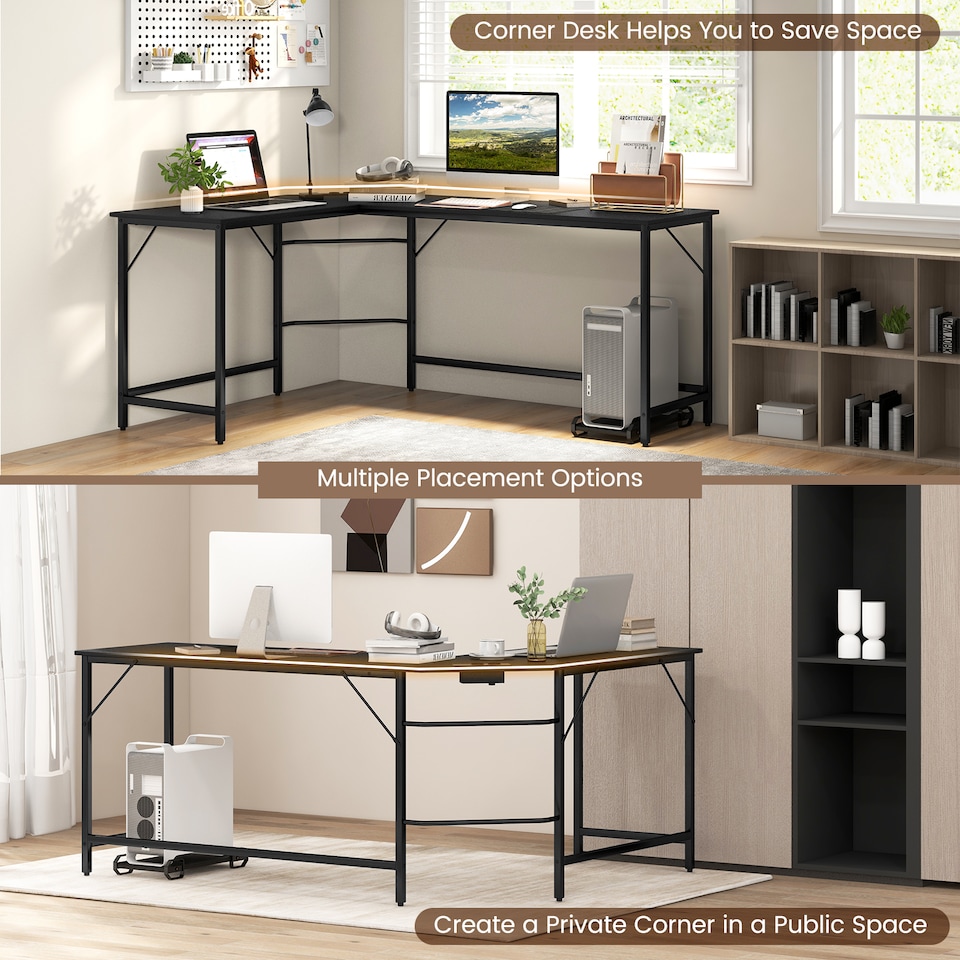 image 1 of COSTWAY L-Shaped Desk with Power Outlet Computer Desk Black