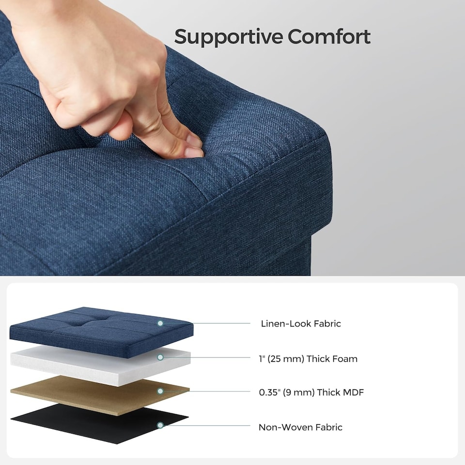 image 1 of Compact Storage Ottoman Foot Rest, Foldable Linen-Look Fabric Bench, 76 cm, Dark Blue