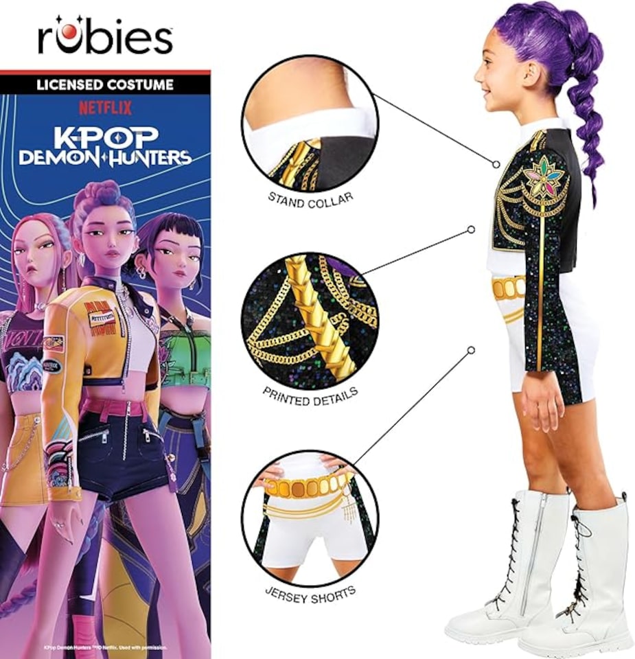 image 1 of Rubie's Official Netflix K-Pop Demon Hunters Deluxe Rumi Costume | Top & Shorts with Printed Design | Girls Fancy Dress | Officially Licensed Golden Child Halloween Costume | Kids Sizes