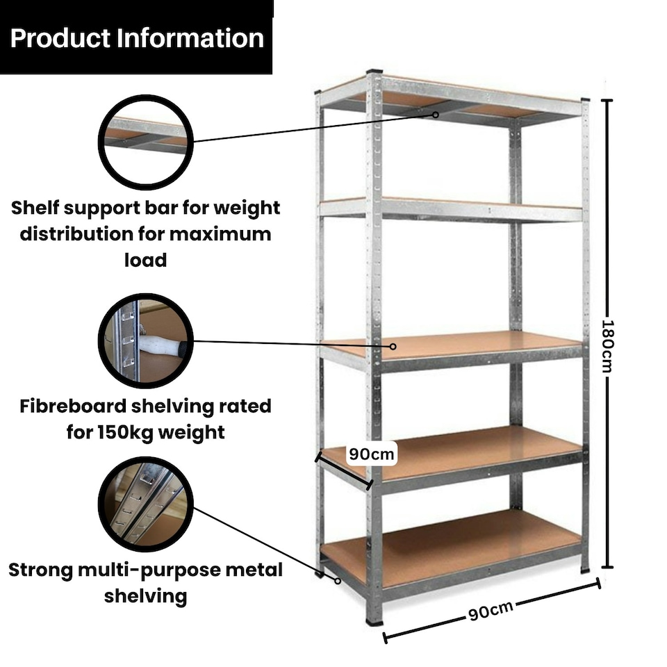 image 1 of Garage Shelving 90cm Wide & 180cm High Heavy Duty 5 Tier Multipurpose Metal Racking Unit / Warehouse Shelving Storage