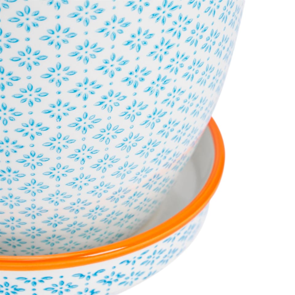 image 1 of Nicola Spring Hand-Printed Plant Pot with Saucer - 20.5cm - Blue | Blue | Blue / Orange