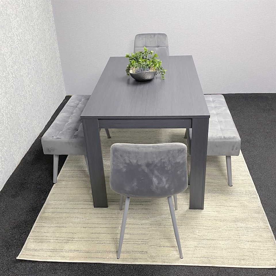 image 1 of Dining Table with 4 Chairs and 2 Benches Dark Grey Wood Table Grey Velvet Chairs