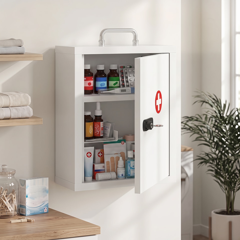 image 1 of HOMCOM Medicine Cabinet, Medical Cabinet w/ Combination and Key Lock, White