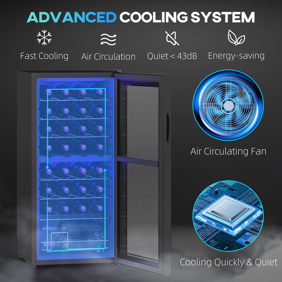 image 1 of HOMCOM 86L Freestanding Wine Cooler with UV-resistant Tempered Glass Door, 32 Bottles Dual Zone Wine Fridge with Adjustable Temperature Control, Digital Touch Screen, Black | Black