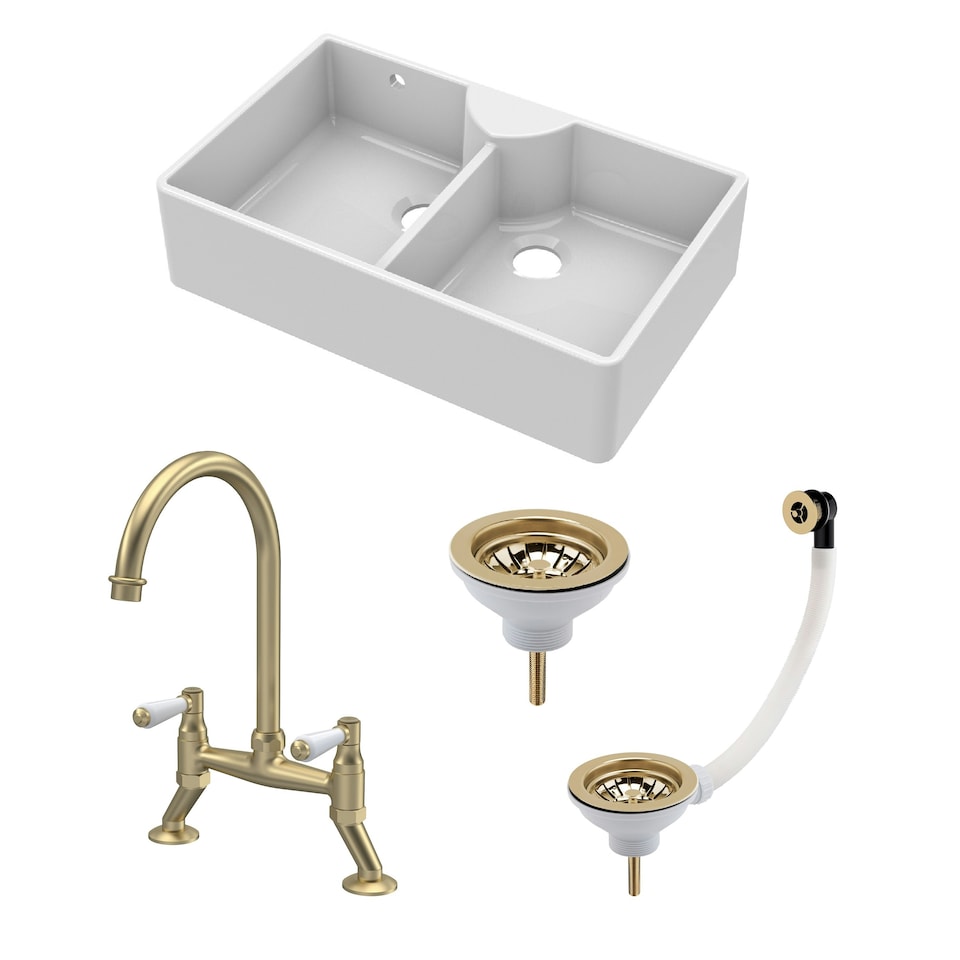 image 1 of Fireclay Double Bowl Stepped Weir Butler Sink Bundle - 895mm with Wastes & Bridge Lever Tap - Brushed Brass by Balterley