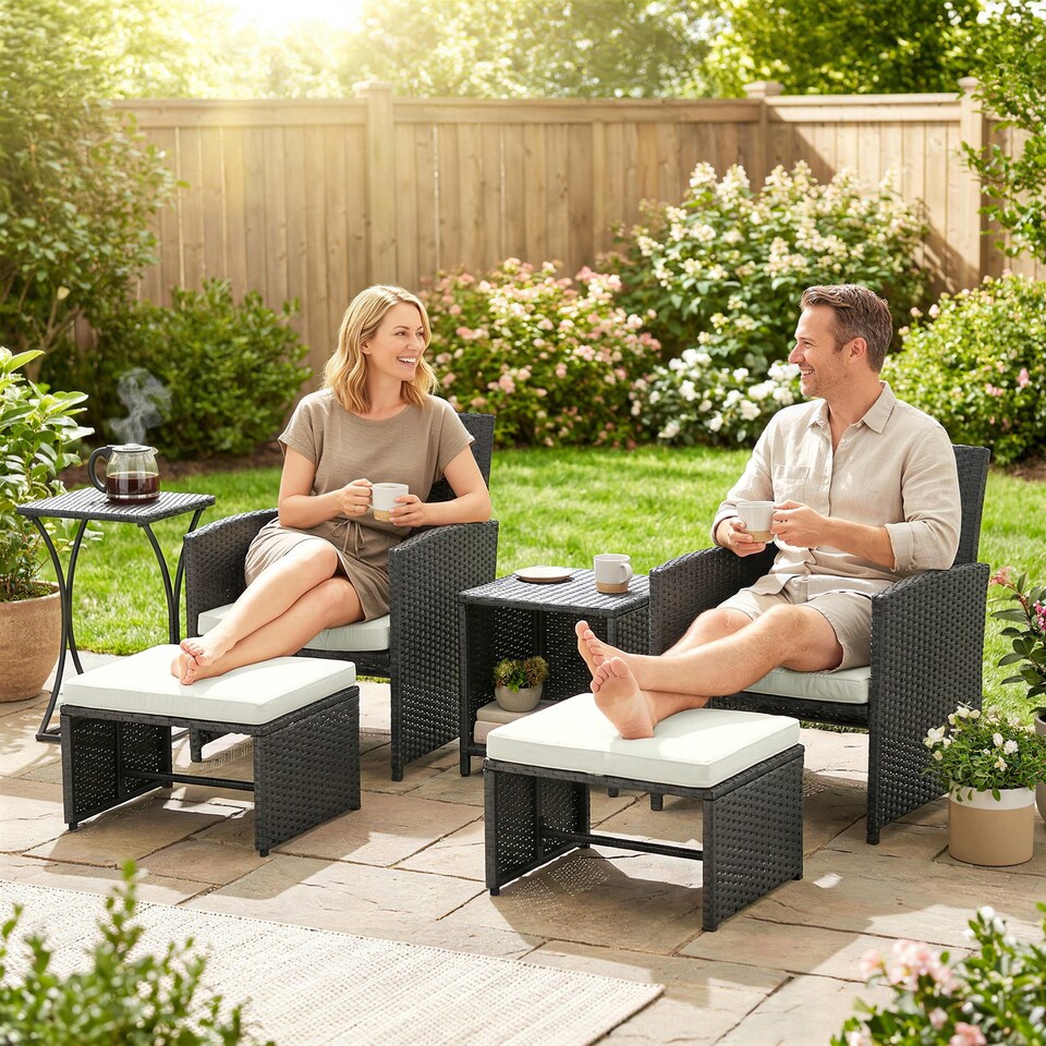 image 1 of Outsunny 6 Piece Rattan Garden Furniture Set with Nesting Tables, Black | Black | Black with cream white cushions | Not provided