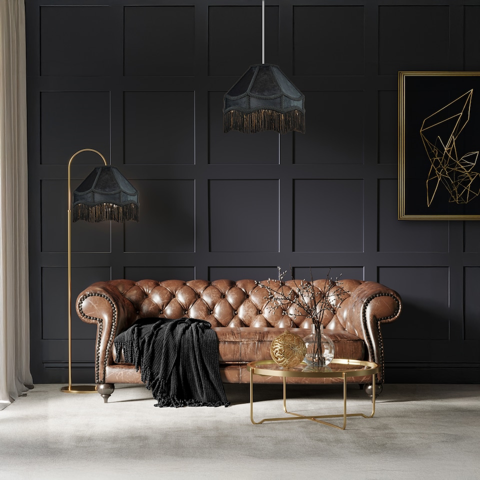 image 1 of Traditional Victorian Empire Lamp Shade in Jet Black Velvet with Long Tassels | Black