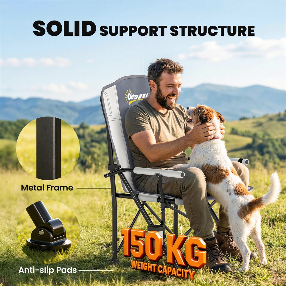 image 1 of Outsunny Sports Camping Chair Padded for Adults with Side Pocket Light Grey