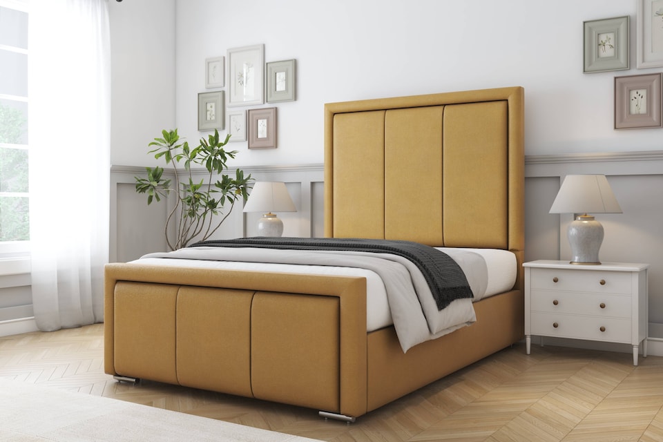 image 1 of Sloomy Lancaster Mustard Plush Bed Frame With 50" Upholstered Headboard 4' Small Double