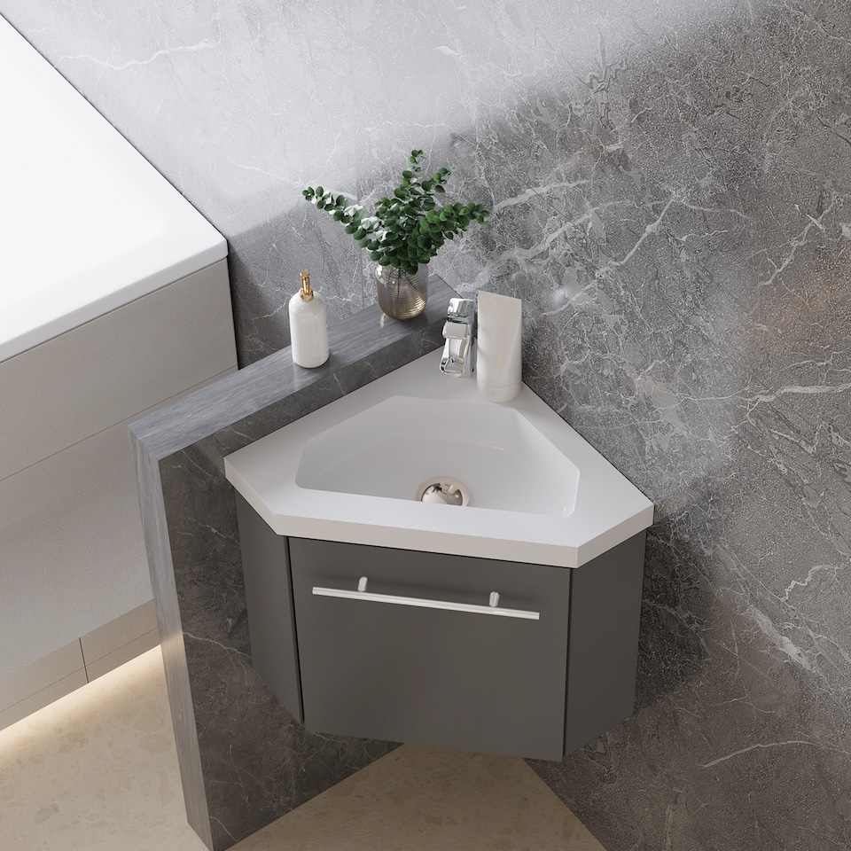image 1 of AICA 395mm Matte Anthracite Bathroom Vanity Unit With Integrated Sink, 1 Door Soft-Close Place in the corner
