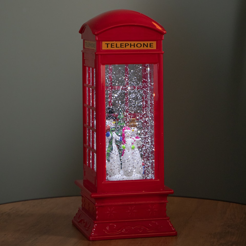 image 1 of 26.5cm Christmas Water Spinner Telephone Box Design with Snowman Scene  Dual Power