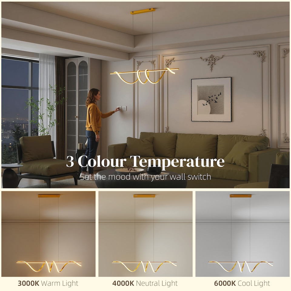 image 1 of HOMCOM LED Pendant Light, Modern Ceiling Light with three Temperatures, Adjustable Height Hanging Fixture with Wall Switch for Kitchen Island, Dining Room, Gold Tone | Gold