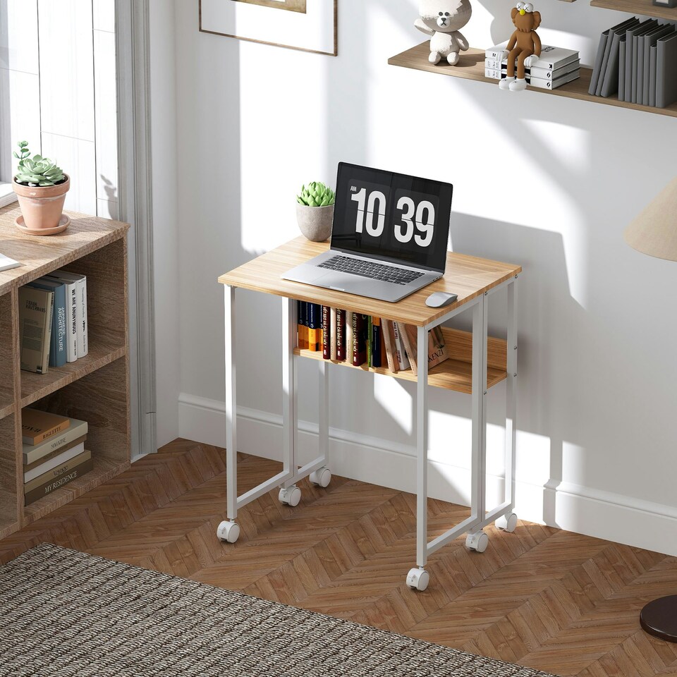 image 1 of HOMCOM 63 cm Foldable Computer Desk on Wheels for Small Spaces Brown