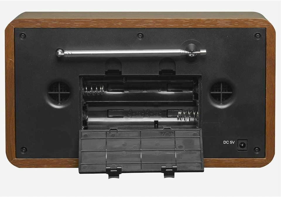 image 1 of Vintage Style Stereo DAB/DAB+ & FM Radio – Grey Wood Cabinet, Bluetooth, Clock Radio Alarm, AUX IN for Smart Phone/Tablet / MP3 Player – Mains or Battery