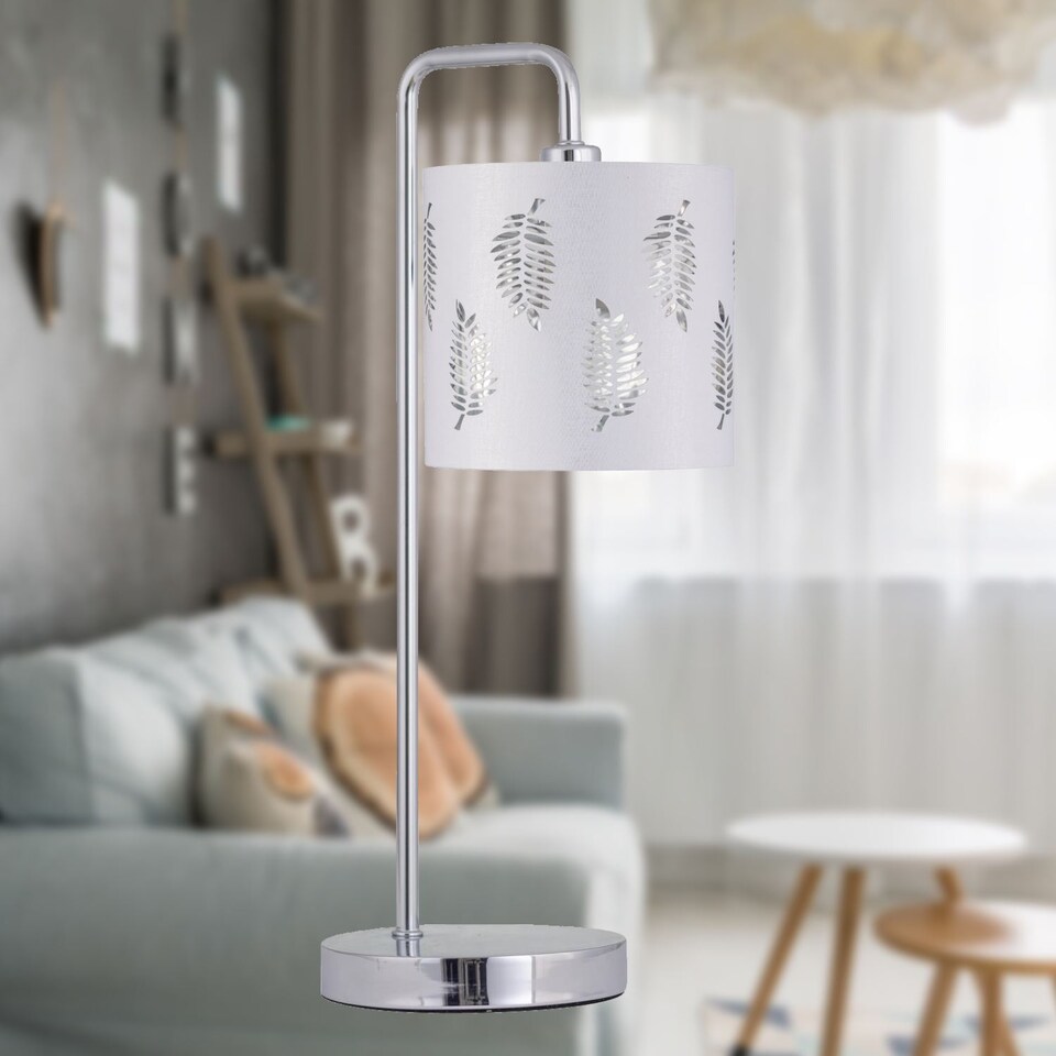 image 1 of Set of 2 Arched Table Lamps with White Fern Shades | Chrome | White | Large | 2