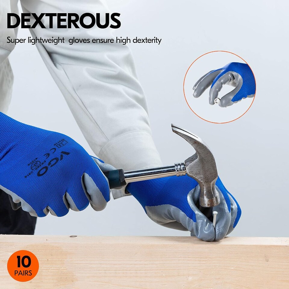 image 1 of Pack of 10 Nitrile Coated Safety Work Gloves | Protective Grip Gloves for Construction, Gardening, DIY & Warehouse Work | Reusable Breathable Work Gloves