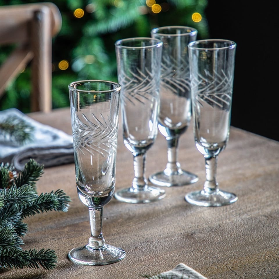Champagne Glasses: 4 x Fern Champagne Glasses, Glass