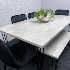 Grey Dining Table with Hairpin Legs, Bench & 4 Black Velvet Chairs Set for Kitchen & Dining Room Grey