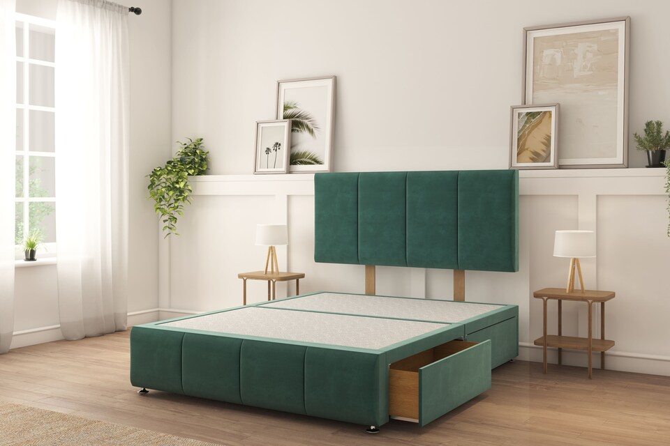 image 1 of Sloomy Lisbon Emerald Plush Divan Bed With Mattress 2 Drawers Left 26" Strutted Headboard & 12" Footboard 4'6 Double