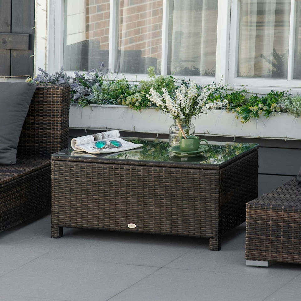 image 1 of Outsunny Garden Rattan Side Table,Wicker Coffee Desk, Glass Top, Mixed Brown