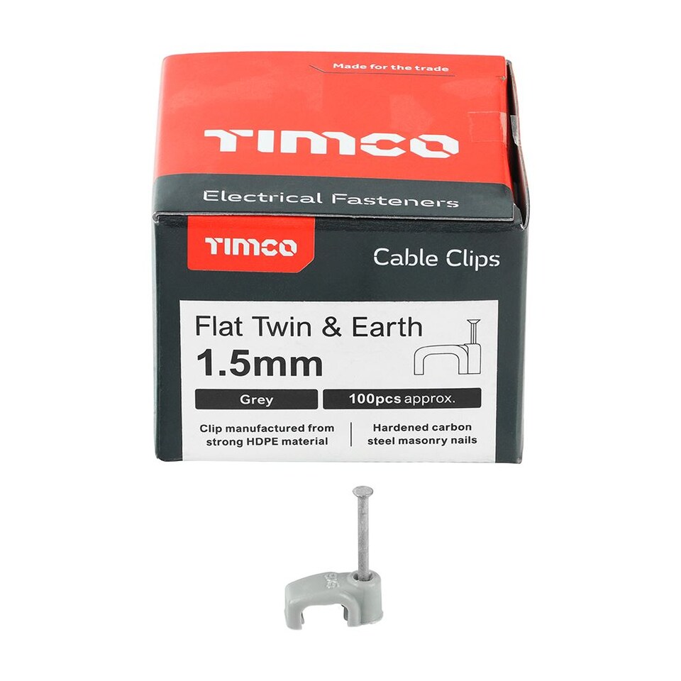 image 1 of Timco - Flat Twin & Earth Cable Clips - Grey (Size To fit 1.5mm - 100 Pieces)